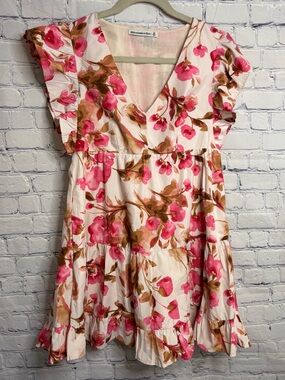 Abercrombie & Fitch Cream Pink Brown Flutter Sleeve Boho Floral Mini Dress S